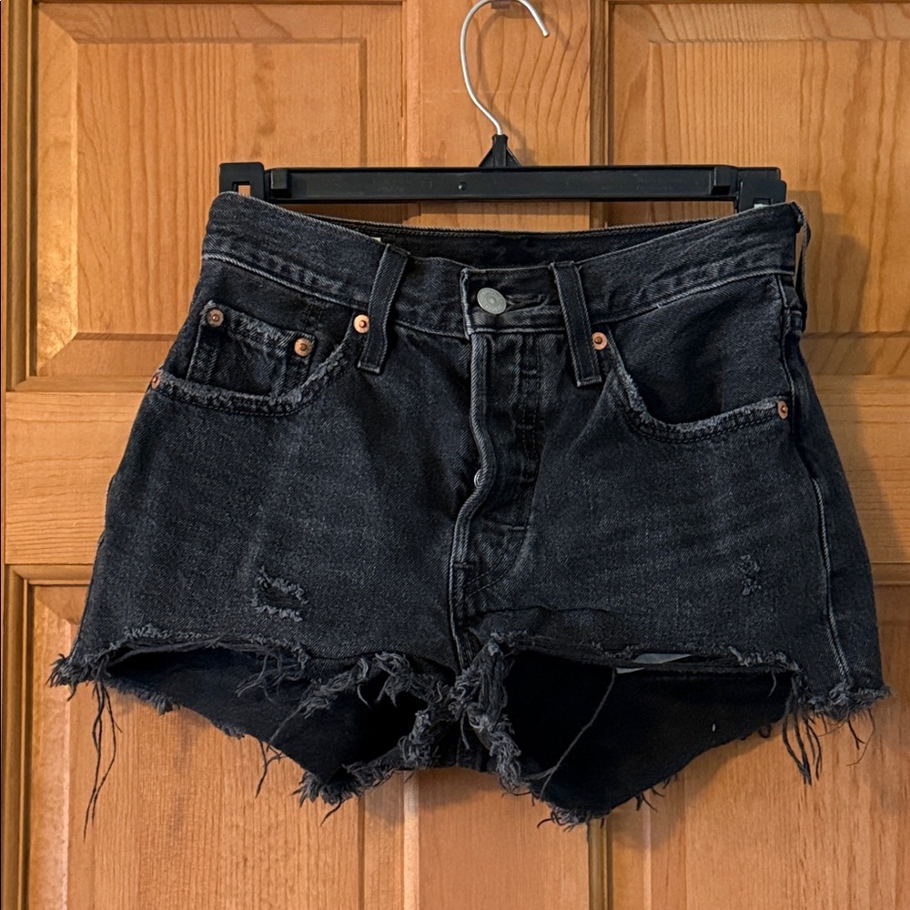 Levi's 501 24 Waist Women's Teen Girl Black Distressed Button Fly Denim Shorts
